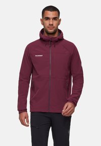 Homme portant une veste à capuche Mammut bordeaux fermée, se tenant devant un fond uni clair, avec un pantalon noir.