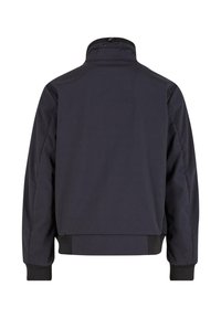 Navy blue bomber jacket with a high collar, elastic cuffs, and hem. Made from smooth fabric with a matte finish; no visible patterns or hardware.
