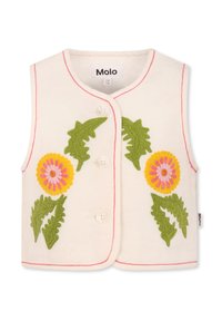 Canottiera bianca senza maniche con bordino rosa, caratterizzata da ricami floreali e fogliari colorati in verde, giallo e rosa, chiusa da bottoni bianchi.