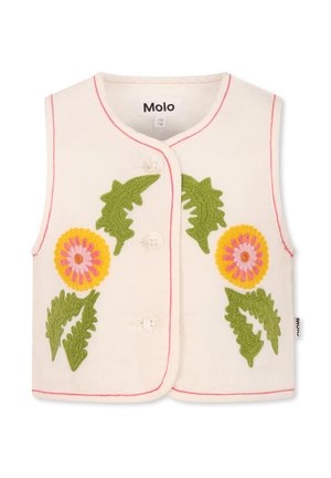 Canottiera bianca senza maniche con bordino rosa, caratterizzata da ricami floreali e fogliari colorati in verde, giallo e rosa, chiusa da bottoni bianchi.