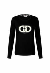 Maglietta nera a maniche lunghe con scollatura rotonda, caratterizzata da un grande logo bianco impreziosito al centro e una texture liscia.
