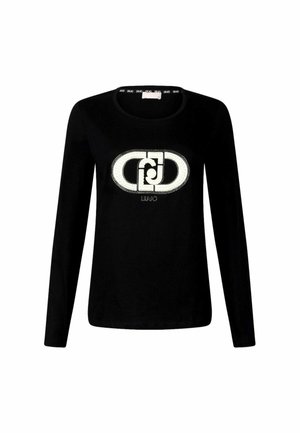 Maglietta nera a maniche lunghe con scollatura rotonda, caratterizzata da un grande logo bianco impreziosito al centro e una texture liscia.