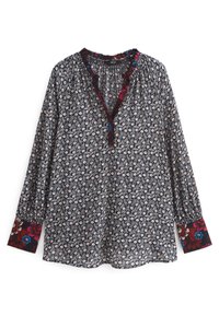 Blomstret bluse i marineblå med V-udskæring, lange ærmer og kontrastfarvede blomstermanchetter. Letvægtsstof med små hvide og lyserøde blomster.