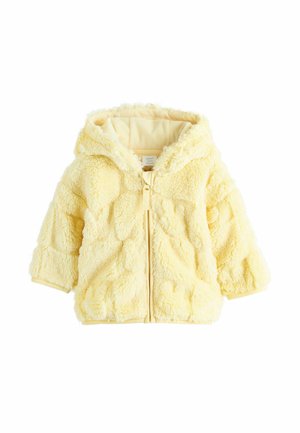 Yellow fluffy jacket with a hood, front zipper, and wide sleeves. Textured fabric with a soft, warm finish and solid color throughout.