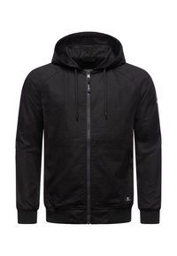 Svart zip-hoodie med dragsnoddkapuschong, ribbade muddar och nederkant samt två framfickor. Har en slät yta och minimalvarumärkesprofil.