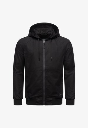 Black zip-up hoodie with a drawstring hood, ribbed cuffs and hem, and two front pockets. Features a smooth texture and minimal branding.