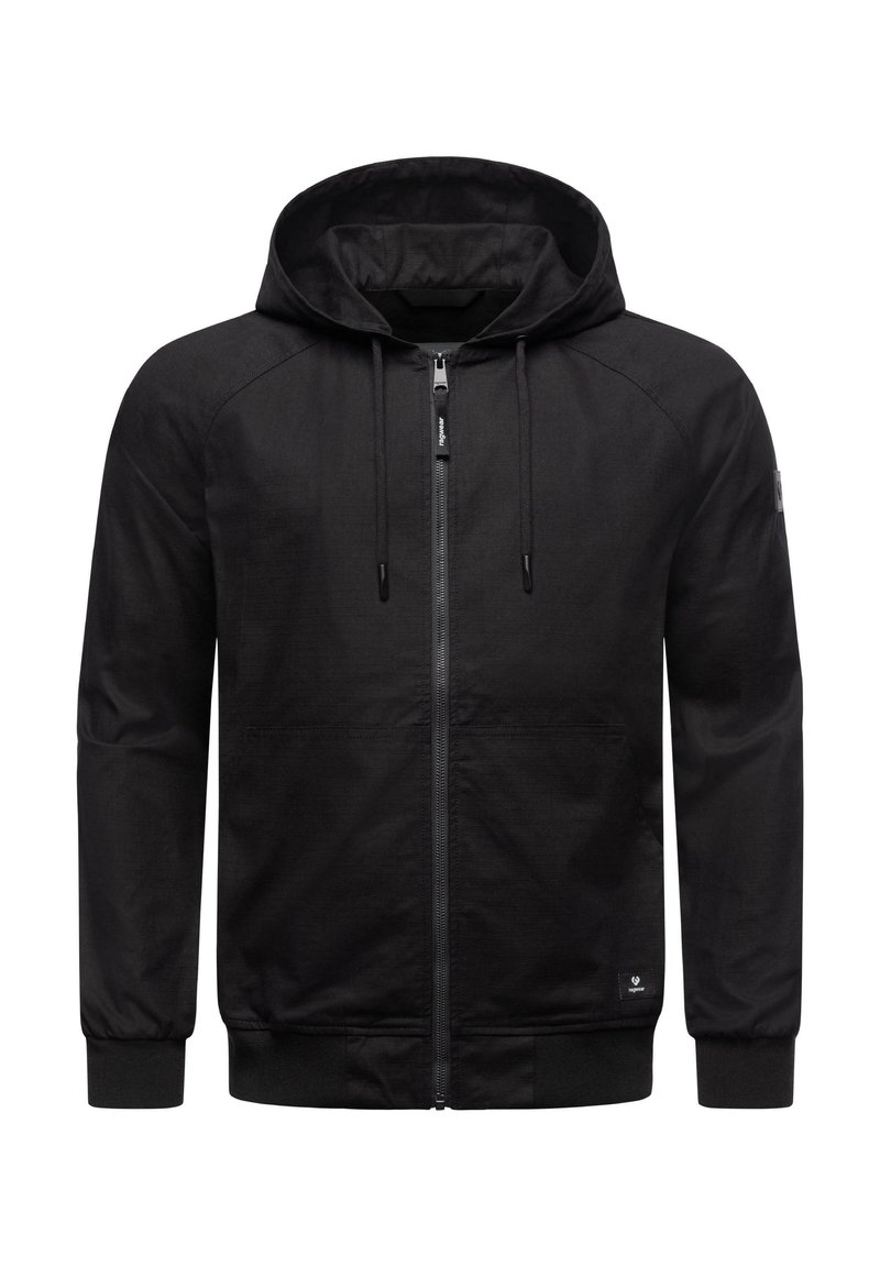 Svart zip-hoodie med dragsnoddkapuschong, ribbade muddar och nederkant samt två framfickor. Har en slät yta och minimalvarumärkesprofil.