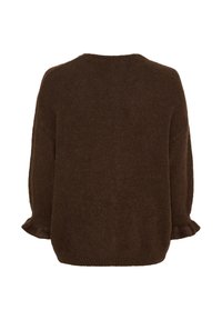 Mørkebrun strikket trøje med lange ærmer og rynkede manchetter, vist fra bagsiden på en hvid baggrund.