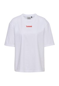 Witte katoenen t-shirt met een relaxed fit, ronde halslijn, korte mouwen en een klein rood "hummel" logo op de voorkant.