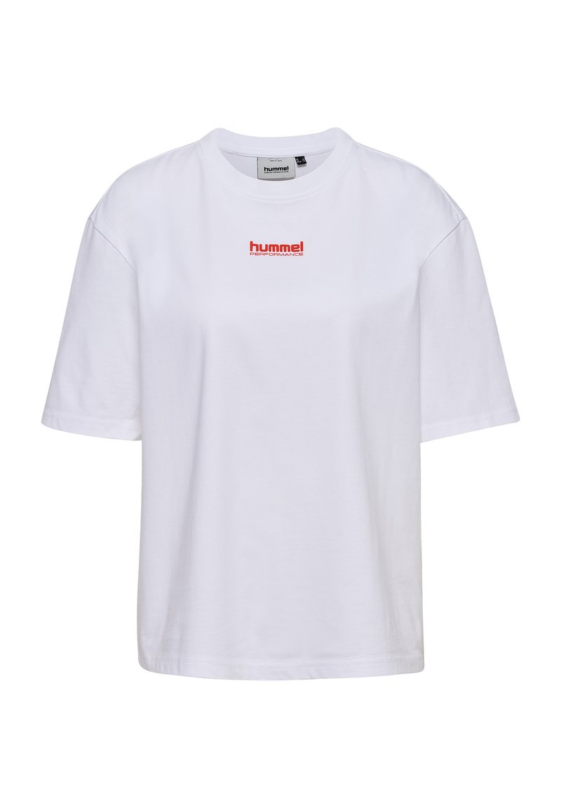 Witte katoenen t-shirt met een relaxed fit, ronde halslijn, korte mouwen en een klein rood "hummel" logo op de voorkant.