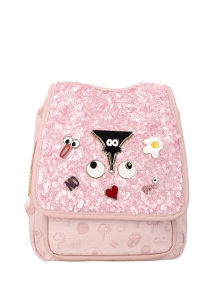Roze pailletten rugzakklep met cartoon oog, mond, hart, gebakken ei en woordpins op lichtroze patroon rugzakkorf.