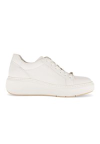 White leather sneaker with a rounded toe, flat white sole, lace-up design, and metal accent on the upper side. Smooth texture and minimalistic style.