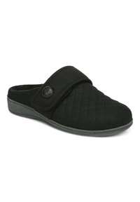 Black quilted slipper with a velcro strap and a round button detail. Soft fabric upper and a flat rubber sole for comfort and support.