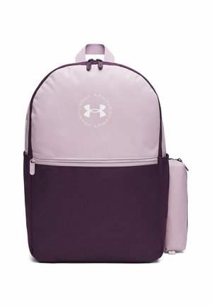 Two-tone purple Under Armour backpack with front zipper pocket and attached small pouch on the right side.