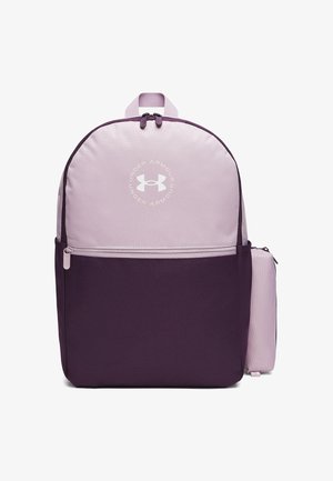 Two-tone purple Under Armour backpack with front zipper pocket and attached small pouch on the right side.