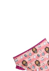 Multikleurige kinderondergoed met een roze achtergrond en cartoonfiguren, dieren en strepen; elastische tailleband en gerimpelde randen.