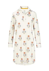 Crème lange mouw jurk met kraag, frontknopen en herhaald oranje en blauw bloemenpatroon.