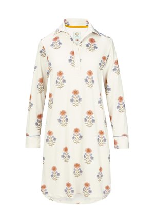 Cream long-sleeve shirt dress with collar, front buttons, and repeated orange and blue floral pattern.