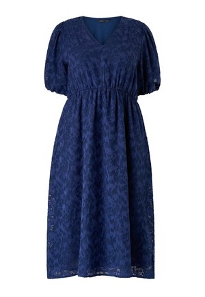 Navy blue midi dress with floral lace fabric, V-neckline, puffed short sleeves, and gathered waist for a flowy silhouette.