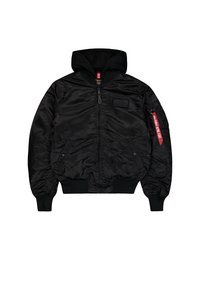 Black bomber jacket made from smooth, shiny fabric with a hood, ribbed cuffs, and a zippered front. Features a patch and red tag detail.