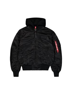 Black bomber jacket made from smooth, shiny fabric with a hood, ribbed cuffs, and a zippered front. Features a patch and red tag detail.