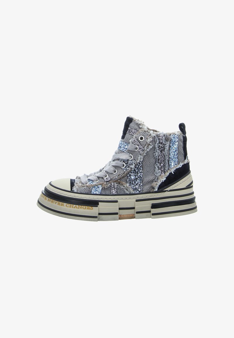 High-top sneakers in gray fabric mix with blue accents, featuring a thick black and cream sole, frayed edges, and prominent branding.