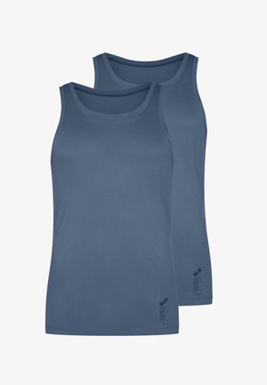 Due canottiere senza maniche di colore blu scuro realizzate in tessuto misto cotone liscio. Presentano scollature arrotondate e un marchio discreto vicino all'orlo.