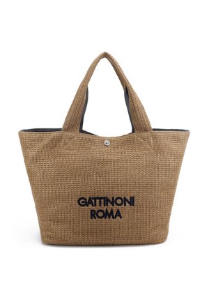 Borsa tote marrone intrecciata con due manici e logo nero "Gattinoni Roma" sul davanti, con una piccola chiusura a bottone argentato.