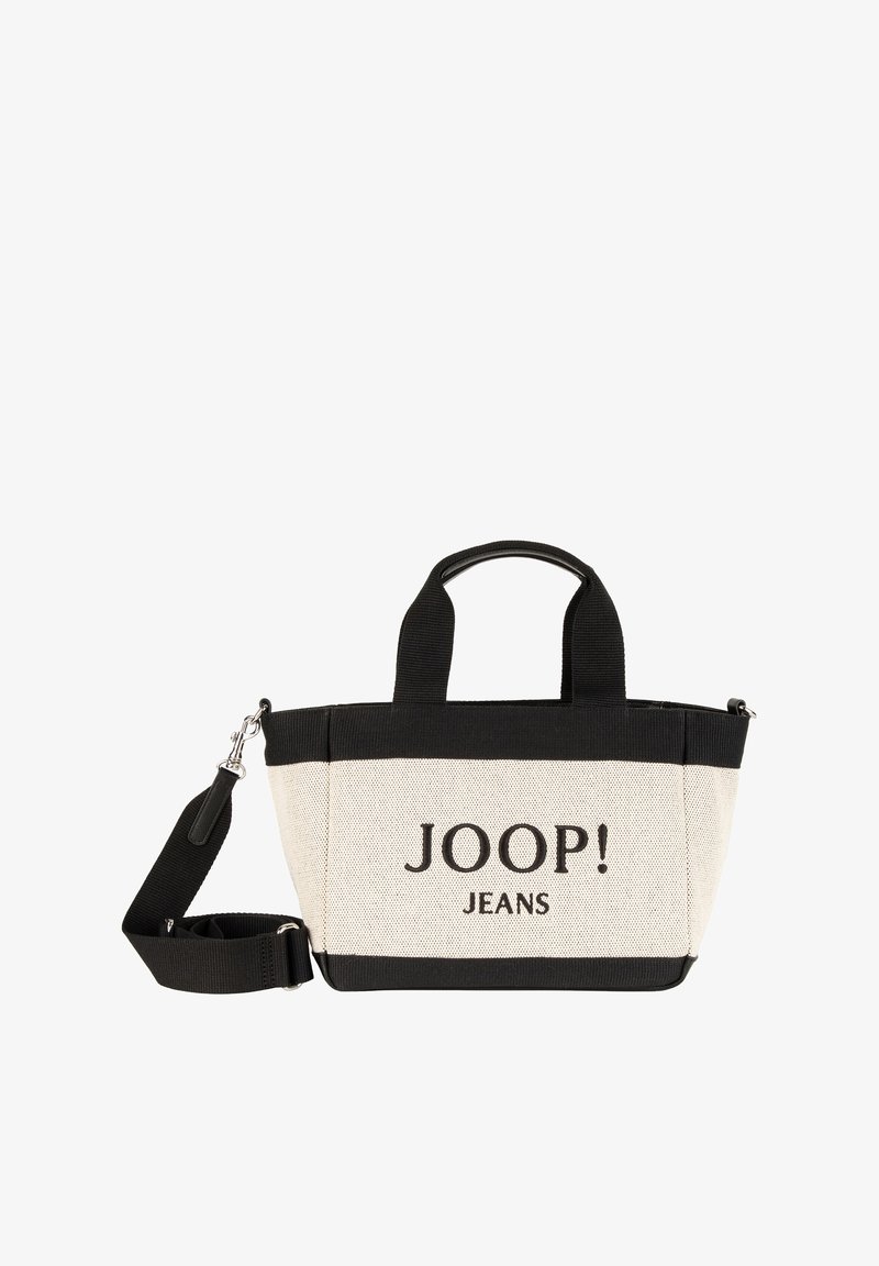 Płócienna torba na ramię z czarnymi elementami, z logo "JOOP! JEANS". Strukturalny kształt, podwójne uchwyty i regulowany pasek na ramię.
