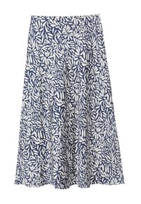 Jupe bleu marine avec un motif de feuilles blanches, fabriquée en tissu léger, dotée d'un design évasé et d'une taille élastique.