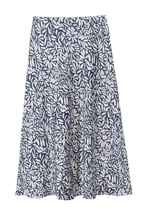 Gonna blu navy con un motivo a foglia bianca, realizzata in un tessuto leggero, con un design svasato e una vita elastica.