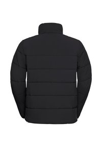 Giacca a vento nera con colletto alto, design trapuntato e cuciture a pannello. Il materiale sembra liscio, caratterizzato da una texture leggera.