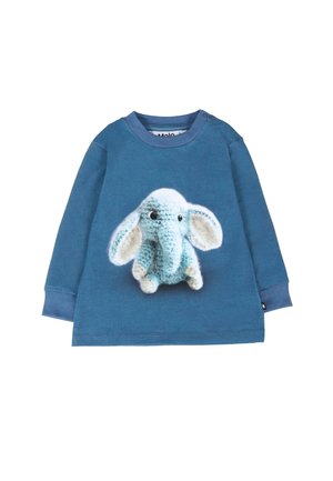 Blauw langekleurig shirt met lange mouwen, voorzien van een textuur en gehaakt olifantontwerp in zachte blauwe en witte tinten, centraal gepositioneerd aan de voorkant.