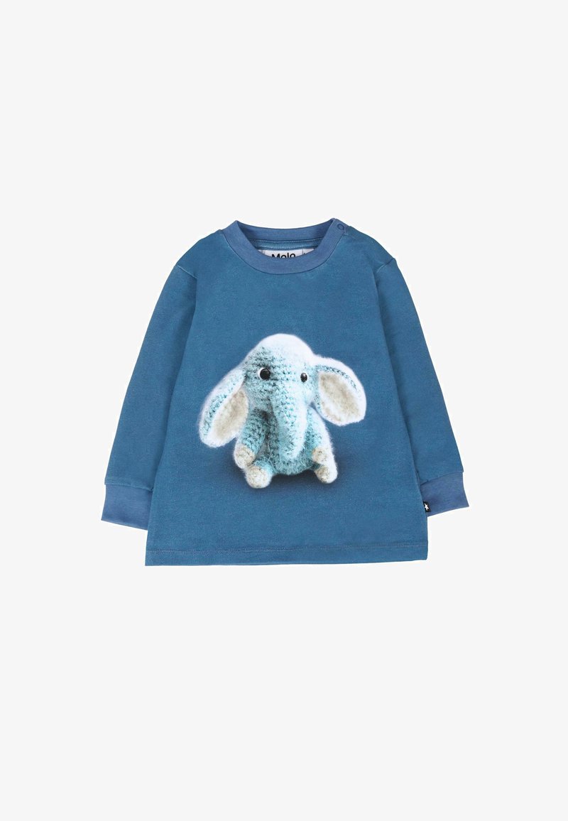 Chemise bleue à manches longues pour tout-petit avec un motif éléphant bleu et blanc tricoté centré sur le devant.
