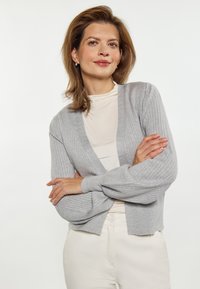 Cardigan cu dungi gri deschis, cu deschidere frontală, mâneci lungi și croi scurt, purtat peste un guler înalt crem. Pantaloni crem vizibili.