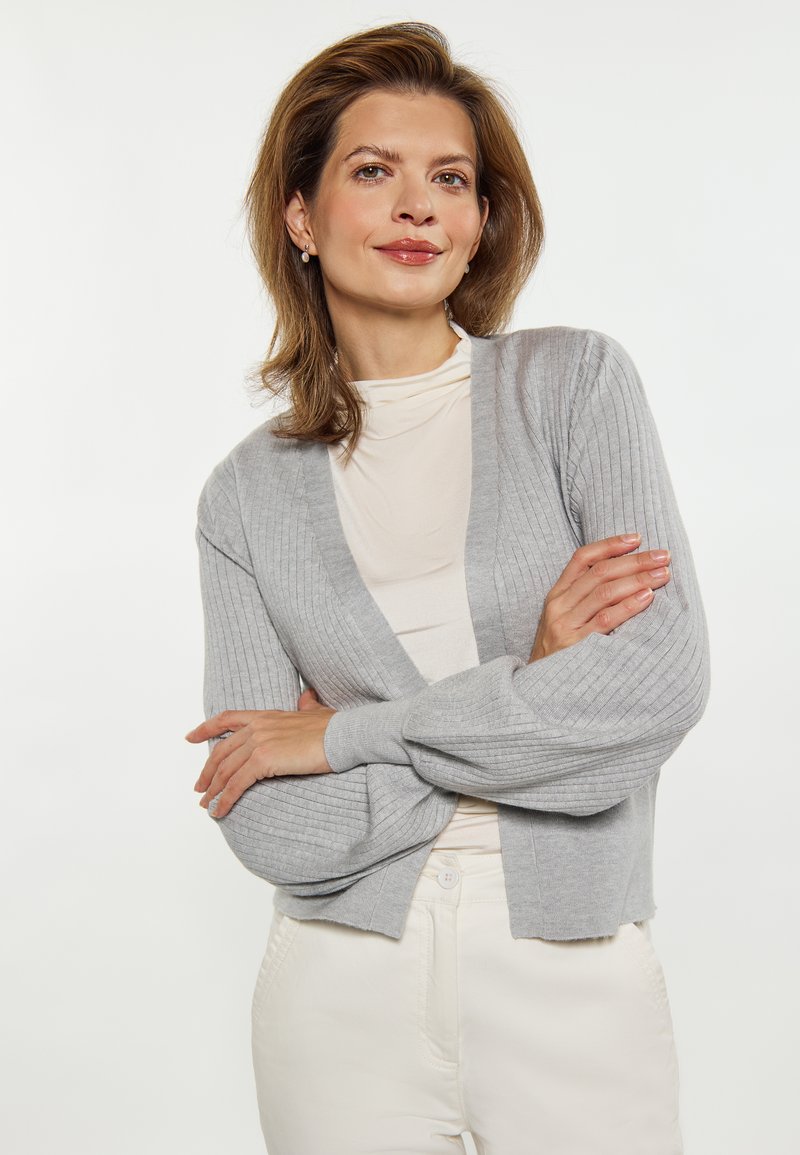 Cardigan cu dungi gri deschis, cu deschidere frontală, mâneci lungi și croi scurt, purtat peste un guler înalt crem. Pantaloni crem vizibili.