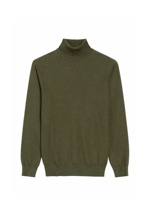 Zielona oliwkowa sweterka z golfem, wykonana z miękkiego materiału, z długimi rękawami oraz żebrowanym wykończeniem dekoltu i mankietów, z małym logo.