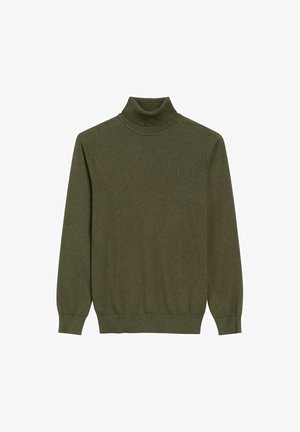 Zielona oliwkowa sweterka z golfem, wykonana z miękkiego materiału, z długimi rękawami oraz żebrowanym wykończeniem dekoltu i mankietów, z małym logo.