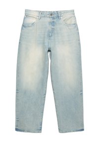 Jeans din denim bleu deschis cu o croială dreaptă, design cu cinci buzunare și ușoare efecte de decolorare. Țesătura are o textură netedă cu cusături vizibile.