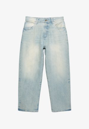 Jasnoniebieskie dżinsy z prostym krojem, pięcioma kieszeniami i delikatnym przecieraniem. Materiał ma gładką teksturę z widocznymi szwami.