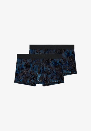 Slip trunk neri e blu con motivo floreale, vita morbida e texture liscia, caratterizzati da design intricati su tutto il tessuto.