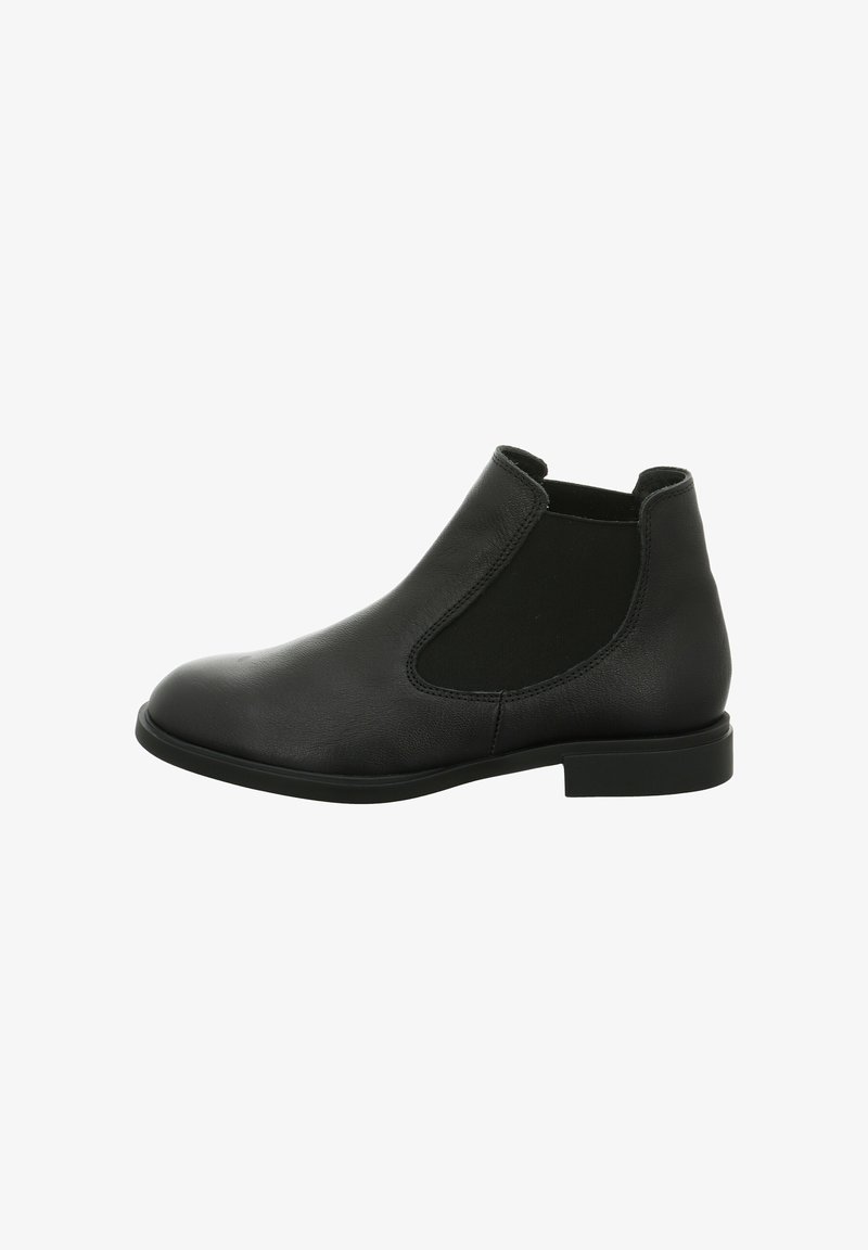 Schwarze Ankle Boots mit elastischen Seitenpaneelen, aus glattem Leder, mit abgerundeter Zehenpartie und einem niedrigen, stabilen Absatz. Einfaches Design mit passender Steppnaht.