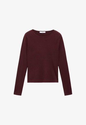 Burgundyröd långärmad topp gjord av mjukt material med rund halsringning och rak skärning, med minimala sömmar och en slät yta.