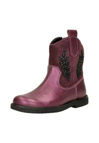 Metallisch paarse enkellaars met textuurleer, decoratieve zwarte bladvormen en een trekkoord; met een ronde neus en een lage zwarte zool.