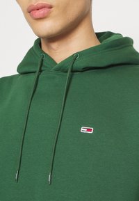 Sudadera verde con bolsillo canguro, cordón ajustable y un pequeño logo bordado con acentos en rojo, blanco y azul.