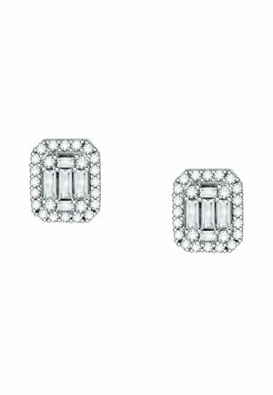 Silver earrings featuring rectangular clear stones in a stepped arrangement, surrounded by a halo of smaller clear stones, octagonal shape.