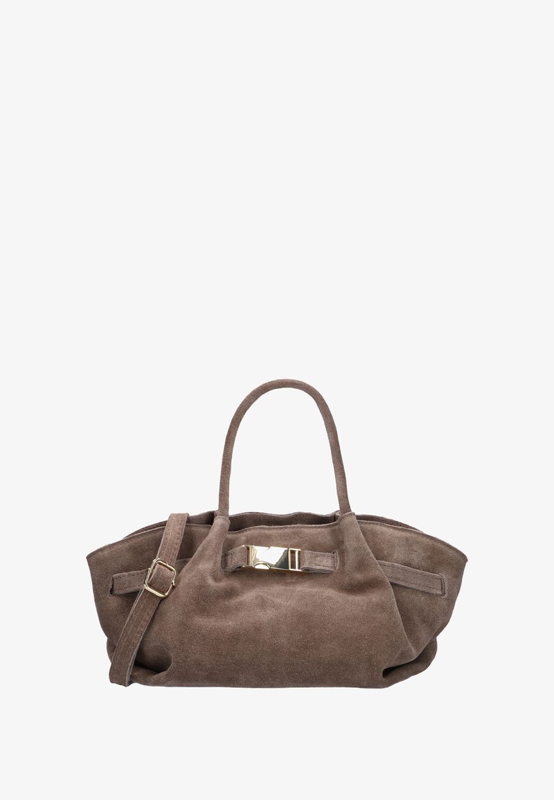 Bruine suède handtas met een brede, ronde vorm. Heeft twee handvatten en een afneembare schouderband, verfraaid met een goudkleurig sluitingsdetail.