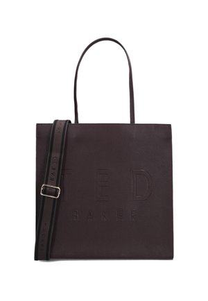 Bolso rectangular de color marrón oscuro con dos asas superiores, una correa de hombro ajustable y un gran logo "TED BAKER" en relieve en la parte delantera.