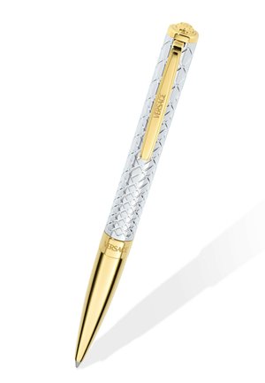 Luksuzno kemično pisalo z zlato konico in sponko, srebrnim teksturiranim ohišjem ter logotipom Versace na sponki in blizu konice.