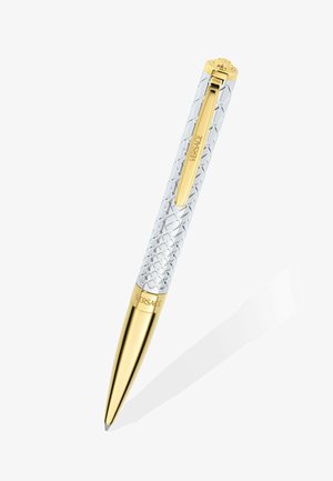 Luxus golyóstoll aranyszínű heggyel és csipesszel, ezüst texturált testtel, a Versace logóval a csipeszen és a hegy közelében.